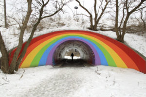 Pedestrian walkway decorated with a rainbow